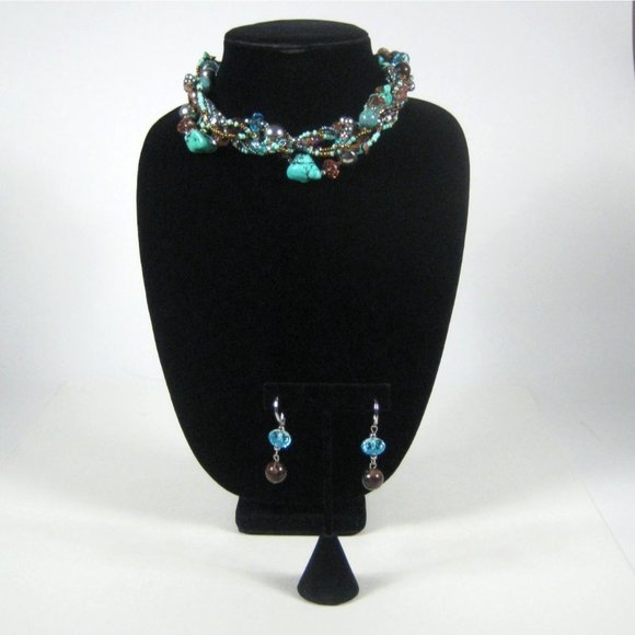 Set 3 Necklace  18 in Earrings Silvertone Multi- Strand Beaded Faux Stone Plasti - Picture 4 of 12